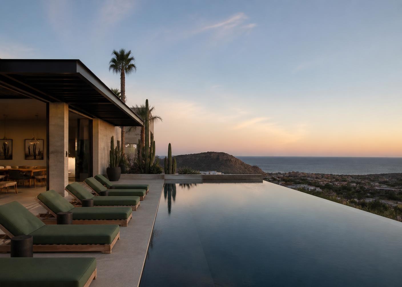Terraza con alberca de una villa contemporánea en Los Cabos al atardecer